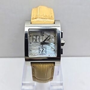 Ecclissi Chronograph Watch Unisex Silver Tone Date Tan Leather Band New Battery